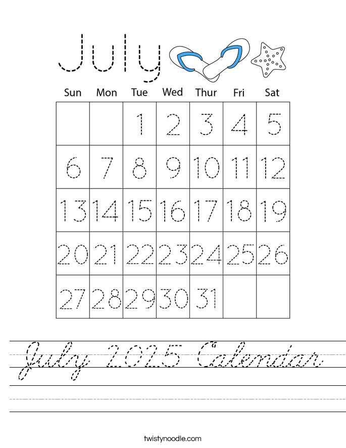 July 2025 Calendar Worksheet
