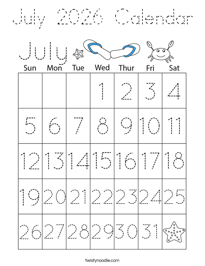 July 2026 Calendar Coloring Page