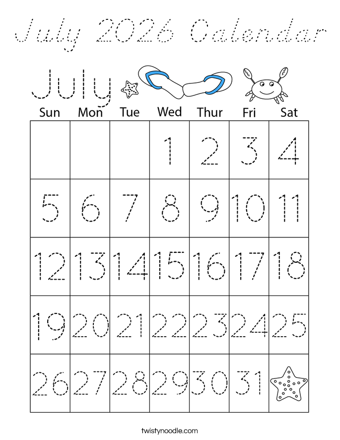 July 2026 Calendar Coloring Page