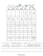 July 2026 Calendar Handwriting Sheet