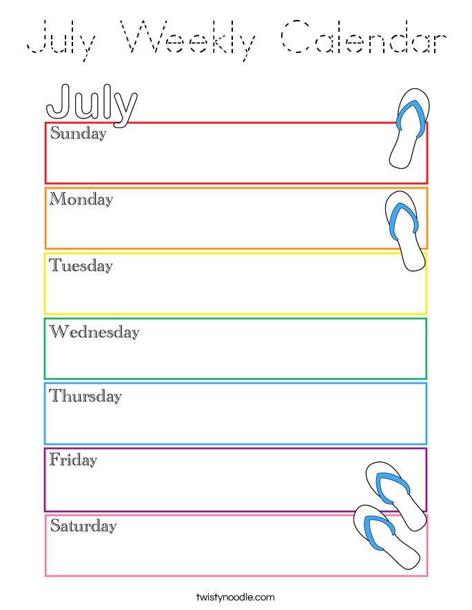 July Weekly Calendar Coloring Page
