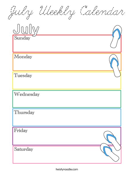 July Weekly Calendar Coloring Page