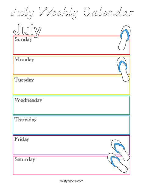 July Weekly Calendar Coloring Page