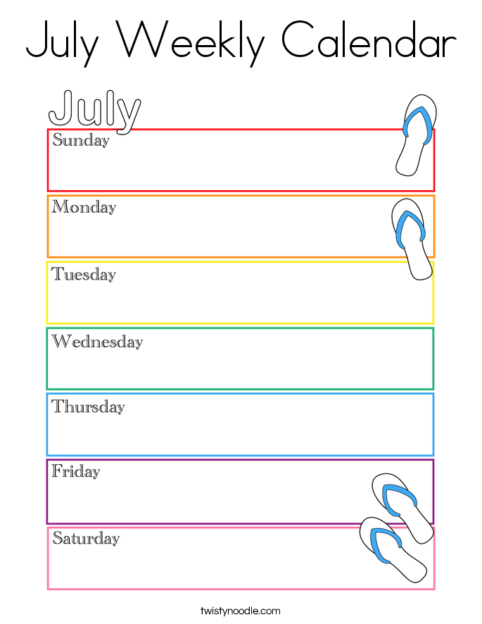 July Weekly Calendar Coloring Page