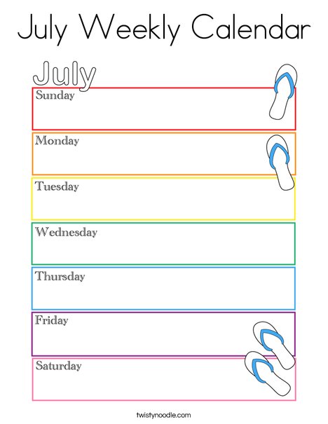 July Weekly Calendar Coloring Page