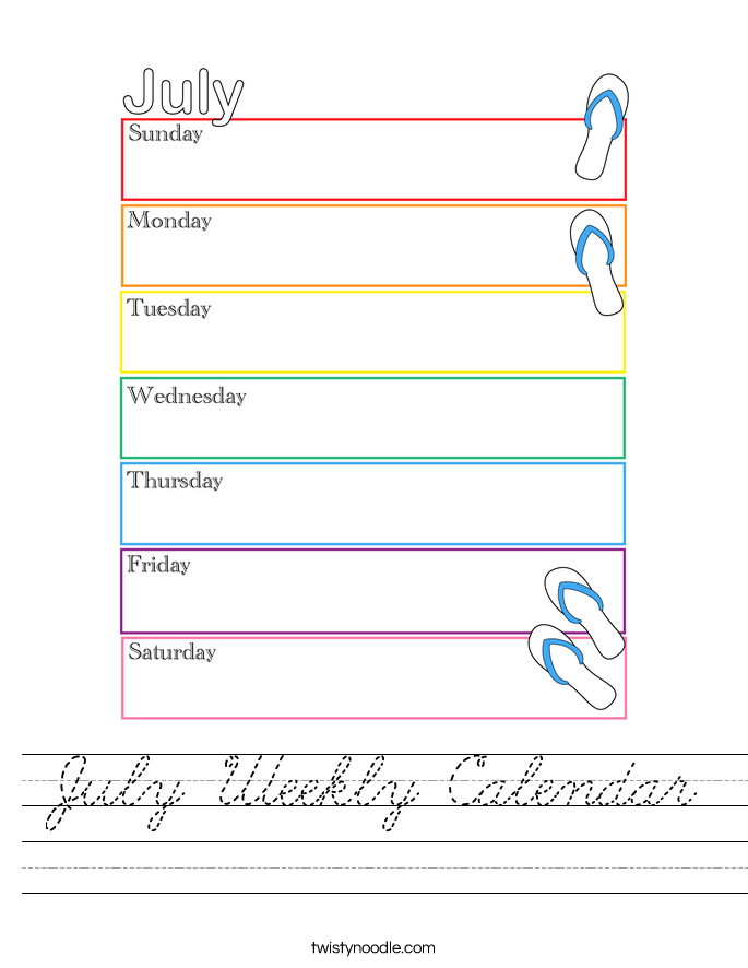 July Weekly Calendar Worksheet