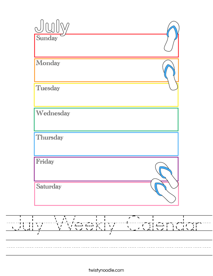July Weekly Calendar Worksheet