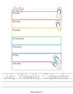 July Weekly Calendar Handwriting Sheet