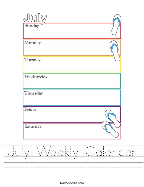 July Weekly Calendar Worksheet