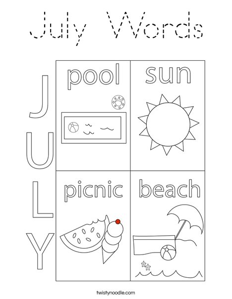 July Words Coloring Page