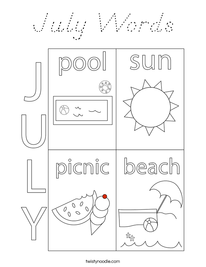 July Words Coloring Page