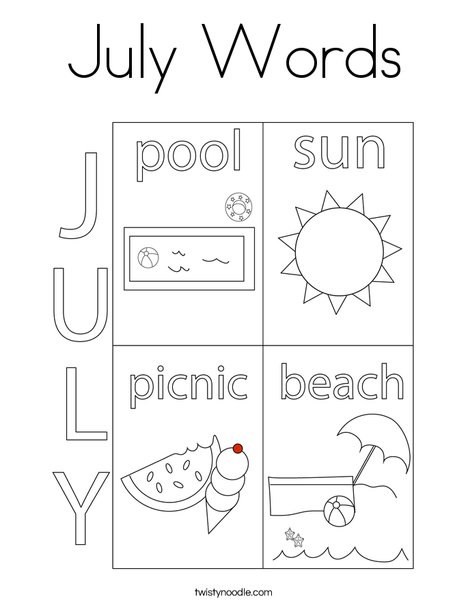July Words Coloring Page