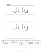 July Writing Practice Handwriting Sheet