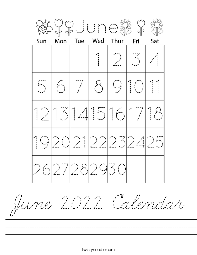 June 2022 Calendar Worksheet