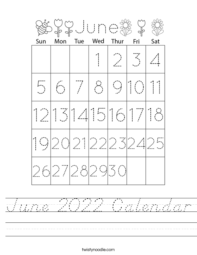 June 2022 Calendar Worksheet