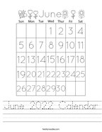 June 2022 Calendar Handwriting Sheet