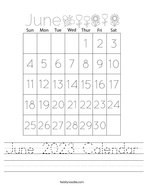 June 2023 Calendar Handwriting Sheet