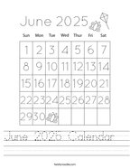 June 2025 Calendar   Handwriting Sheet