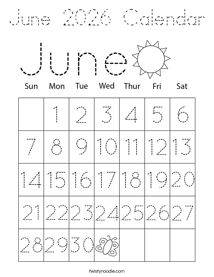 June 2026 Calendar Coloring Page
