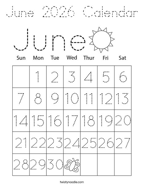 June 2026 Calendar Coloring Page