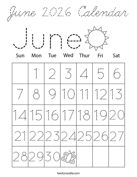 June 2026 Calendar Coloring Page