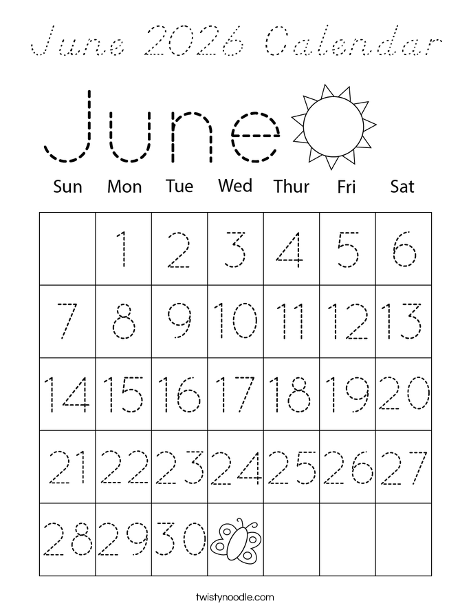 June 2026 Calendar Coloring Page
