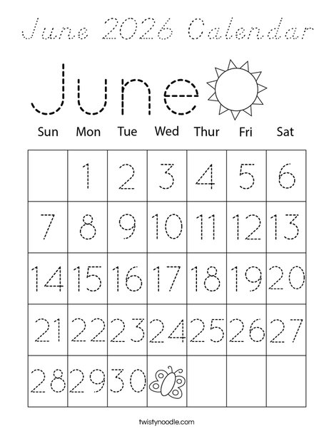 June 2026 Calendar Coloring Page