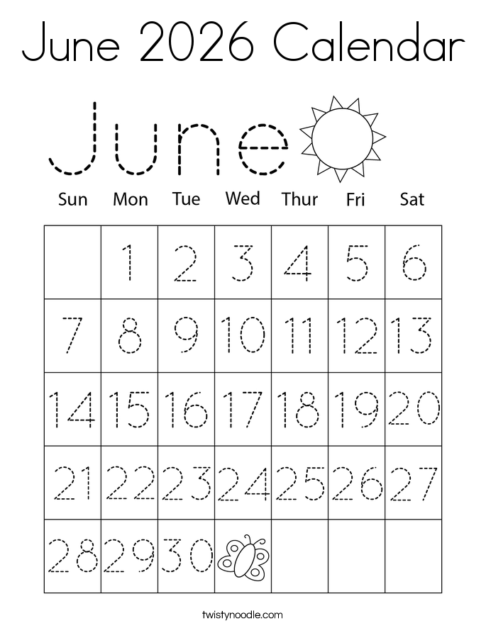 June 2026 Calendar Coloring Page