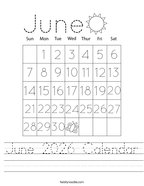 June 2026 Calendar Handwriting Sheet