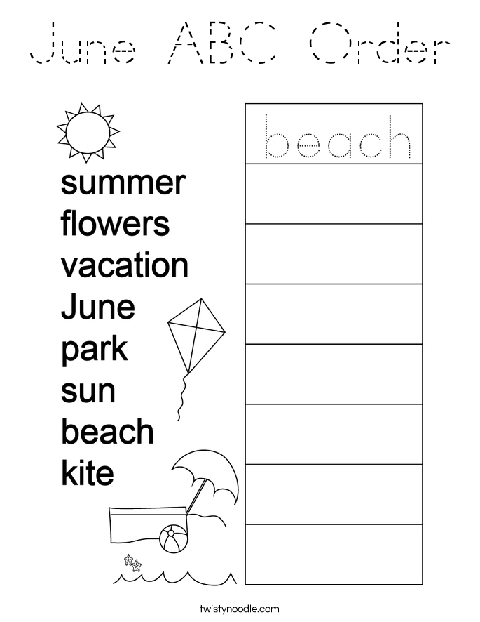 june abc order coloring page tracing twisty noodle