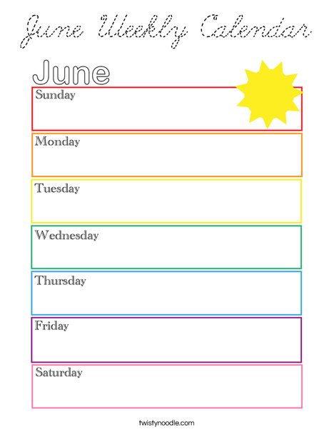 June Weekly Calendar Coloring Page