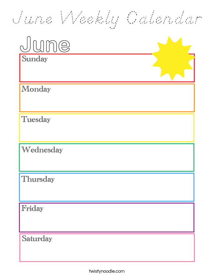 June Weekly Calendar Coloring Page