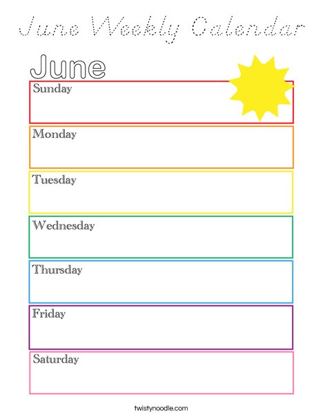 June Weekly Calendar Coloring Page