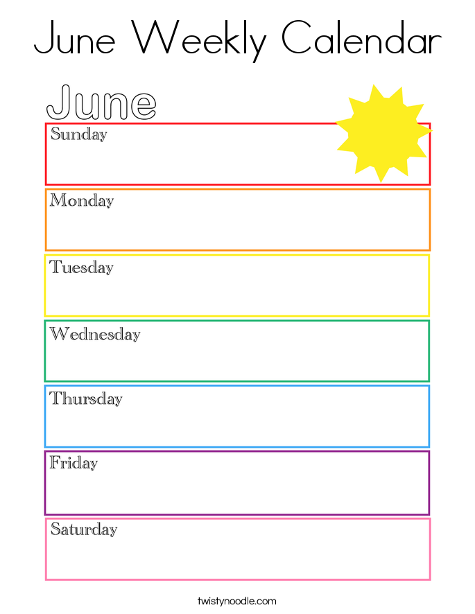 June Weekly Calendar Coloring Page