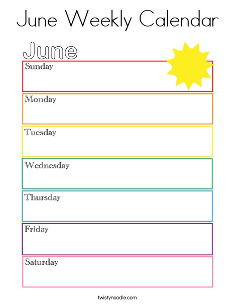 June Weekly Calendar Coloring Page