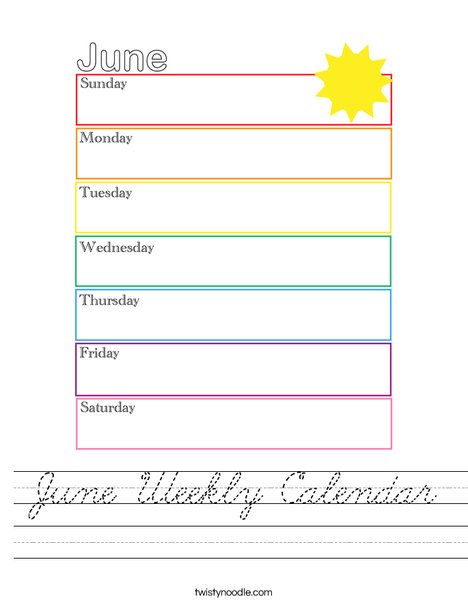 June Weekly Calendar Worksheet