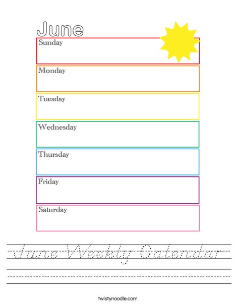 June Weekly Calendar Worksheet