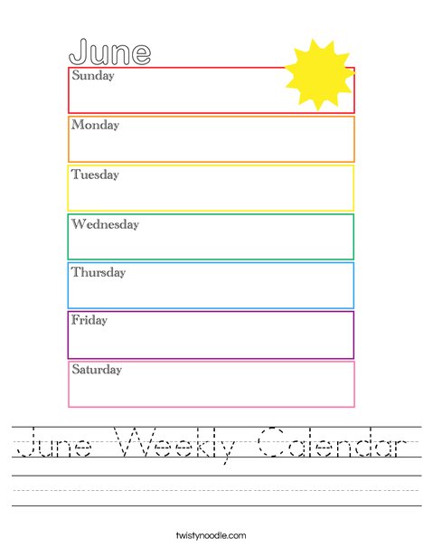 June Weekly Calendar Worksheet