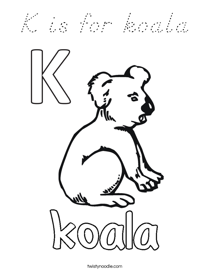 K is for koala Coloring Page - D'Nealian - Twisty Noodle