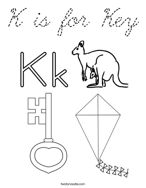 K is for Key Coloring Page - Cursive - Twisty Noodle