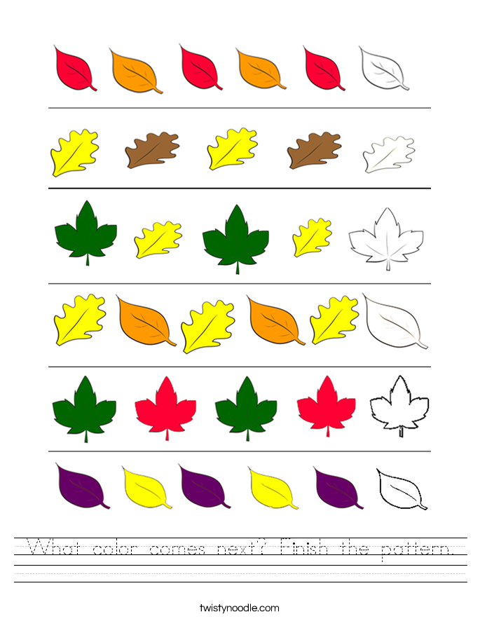 What color comes next? Finish the pattern. Worksheet