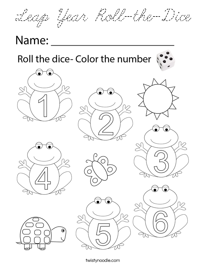 Leap Year Roll-the-Dice Coloring Page - Cursive - Twisty Noodle