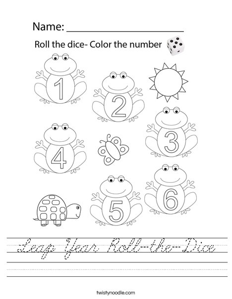 Leap Year Roll-the-Dice Worksheet - Cursive - Twisty Noodle