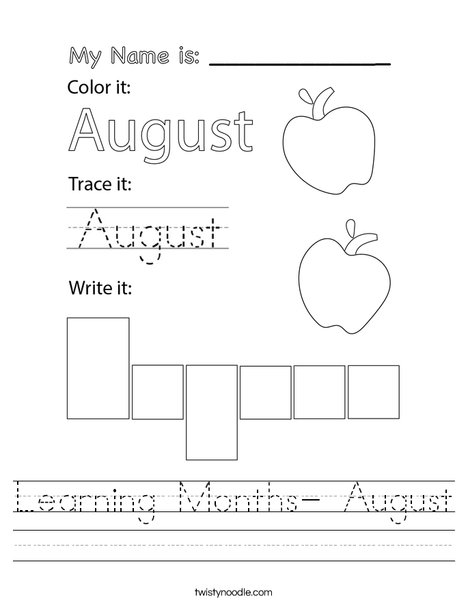 Learning Months- August Worksheet - Twisty Noodle