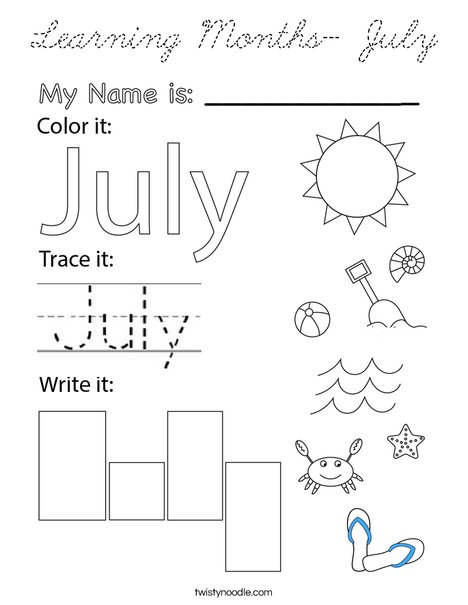 Learning Months- July Coloring Page