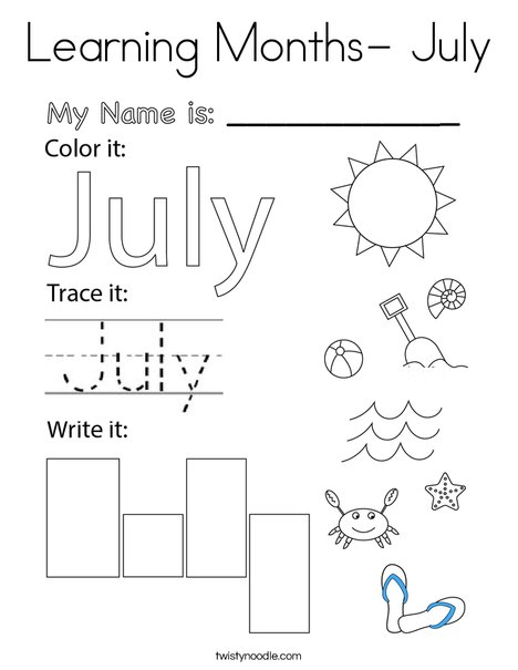 Learning Months- July Coloring Page