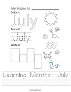Learning Months- July Handwriting Sheet