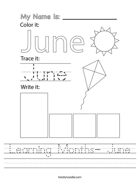 learning months june worksheet twisty noodle