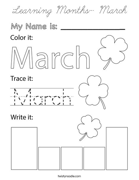 Learning Months- March Coloring Page