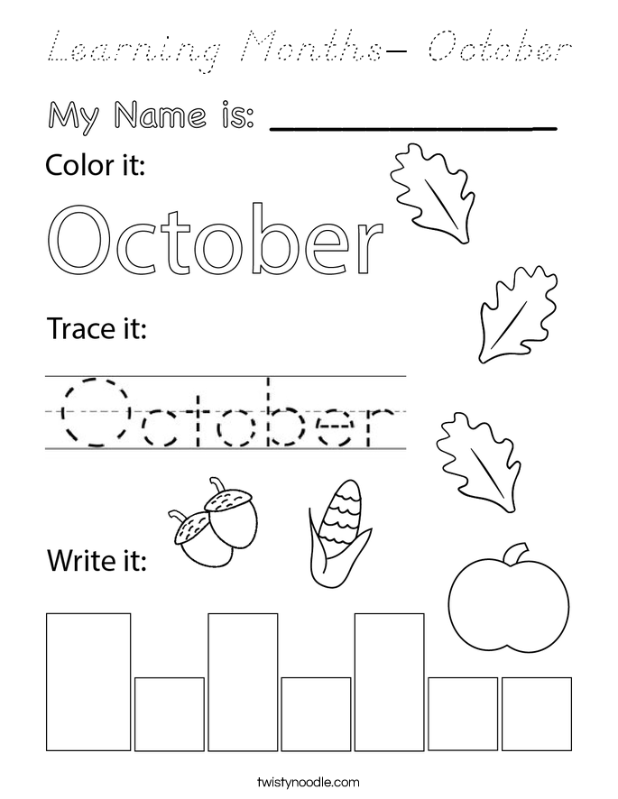 Learning Months- October Coloring Page - D'Nealian - Twisty Noodle